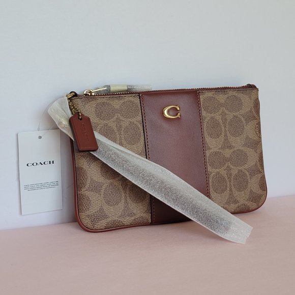 COACH Small Wristlet in Signature Logo Coated Canvas - Tan Rust⭐ - Picture 3 of 16